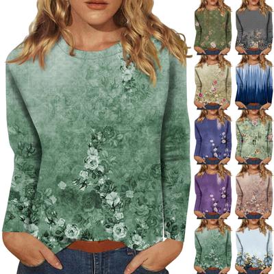 Women's Fashionable Casual Long Sleeved Flower Printed Round Neck Top Long Sleeved Top