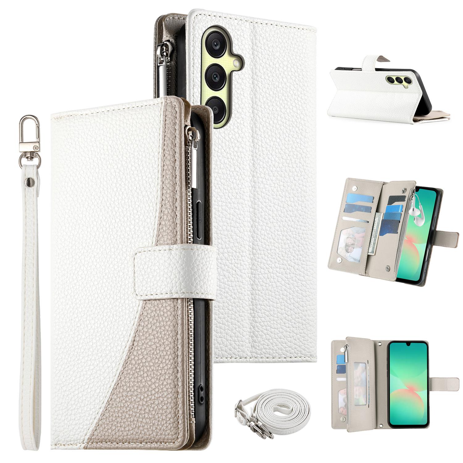

For Samsung Galaxy A26 5G Case Zipper Wallet Color Splicing Leather Flip Phone Cover with Straps White