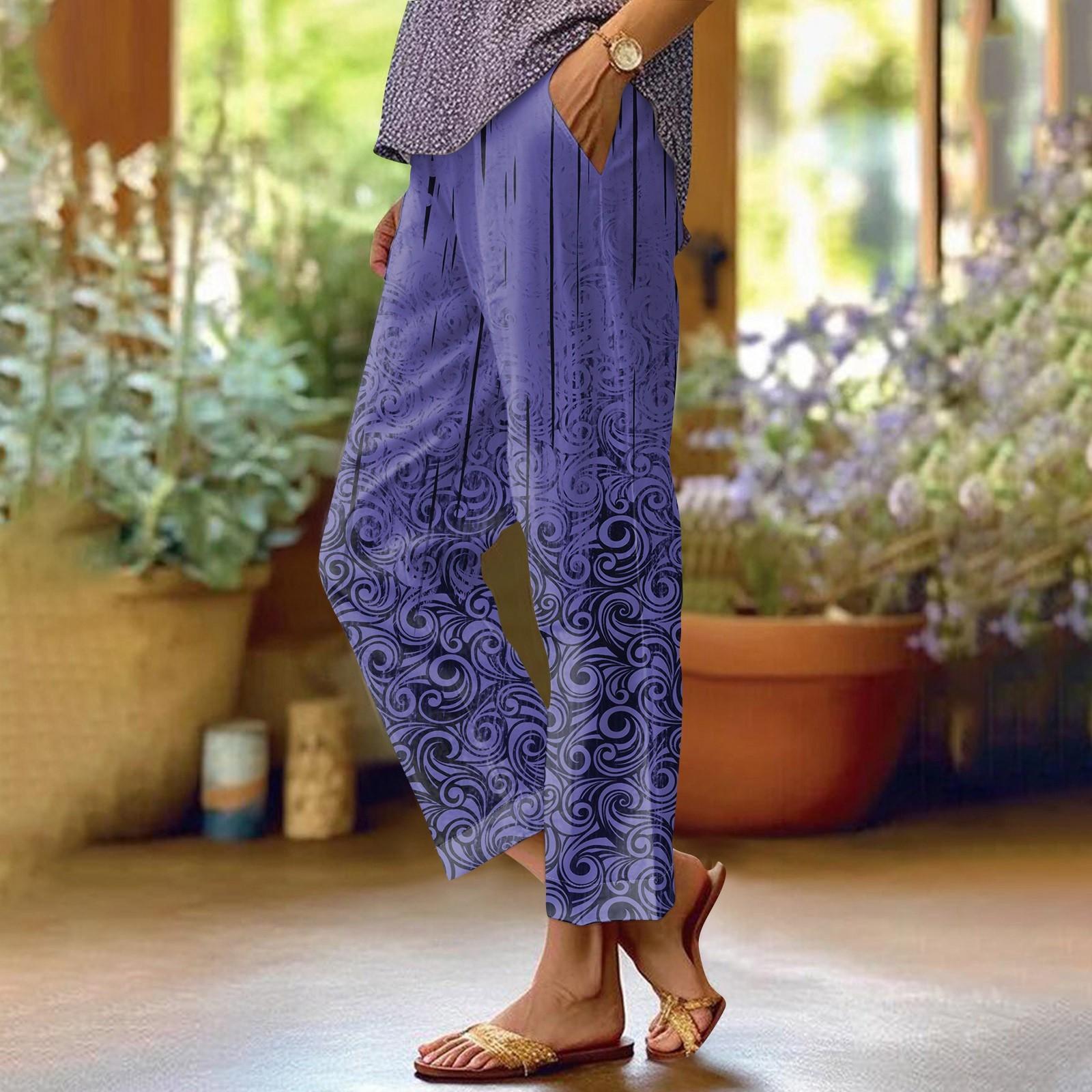 Women s Casual Pants Fashionable Printing Pockets Elastic Waist Pants XL