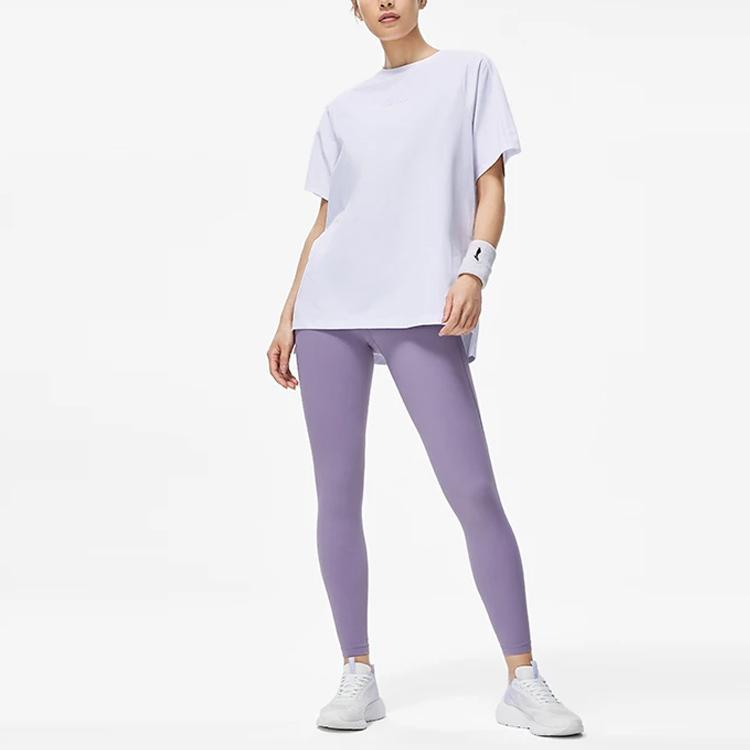 Li Ning Fitness Series Letter Print Moisture-Wicking Loose Short Sleeve T-Shirt Women Tops Standard-White ATST224-5