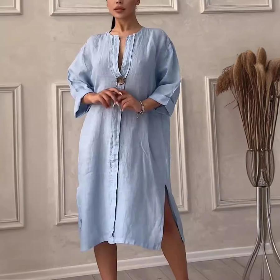 Women's New Cotton Linen Solid Color Casual Round Neck Button Long Dress