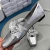 Fashion Ballet Silver Flats Spring Mary Jane Shoes Small Square Bow Flat Shoes Lazy Slip-on Single Shoes Soft Sole Comfort Dress Pumps