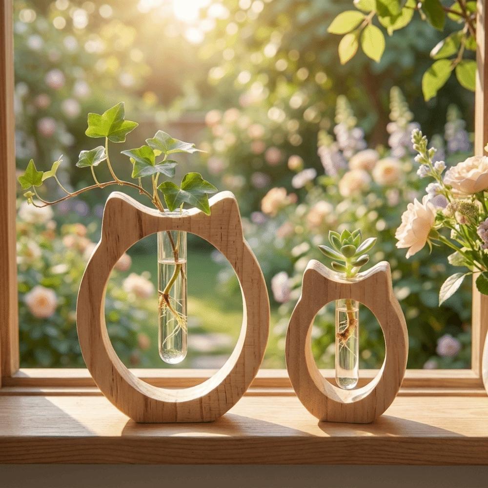 Wooden Glass Cylinder Tube Vase Creative Green Plant Rearing Vase Indoor Plant Display