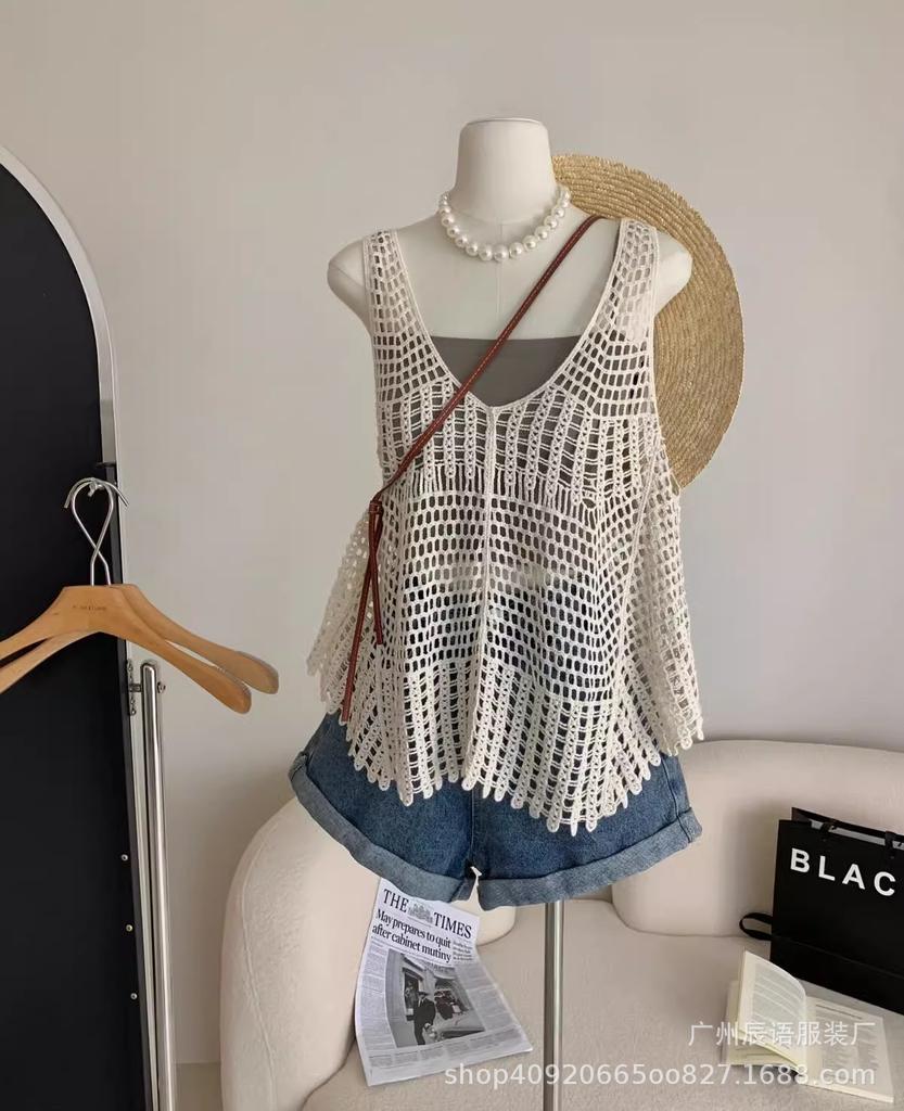 Literary and Artistic Solid Color Three-dimensional Hook-up Embroidered Lace Small Vest Large Size Women's Sleeveless Round Neck Casual Outer