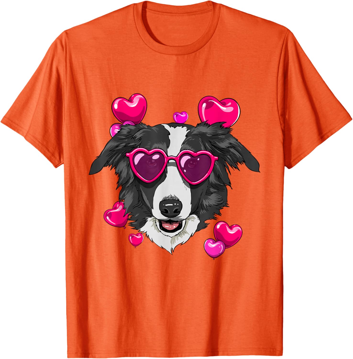 

Border Collie Dog Heart Sunglasses Valentines Day Graphic T-Shirt Casual Crewneck Tee 4XL