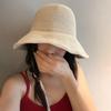 Summer Women Knitted Sun Hat Solid Color Breathable Wide Brim Bucket Hats Ins Korean Girl Beach Travel Windproof Strap Basin Cap