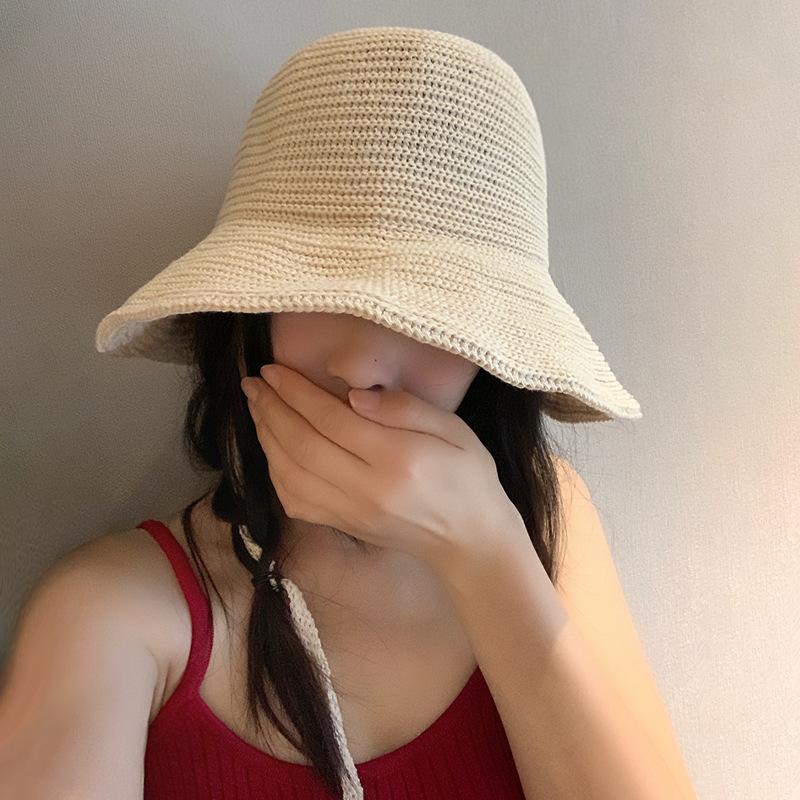Summer Women Knitted Sun Hat Solid Color Breathable Wide Brim Bucket Hats Ins Korean Girl Beach Travel Windproof Strap Basin Cap