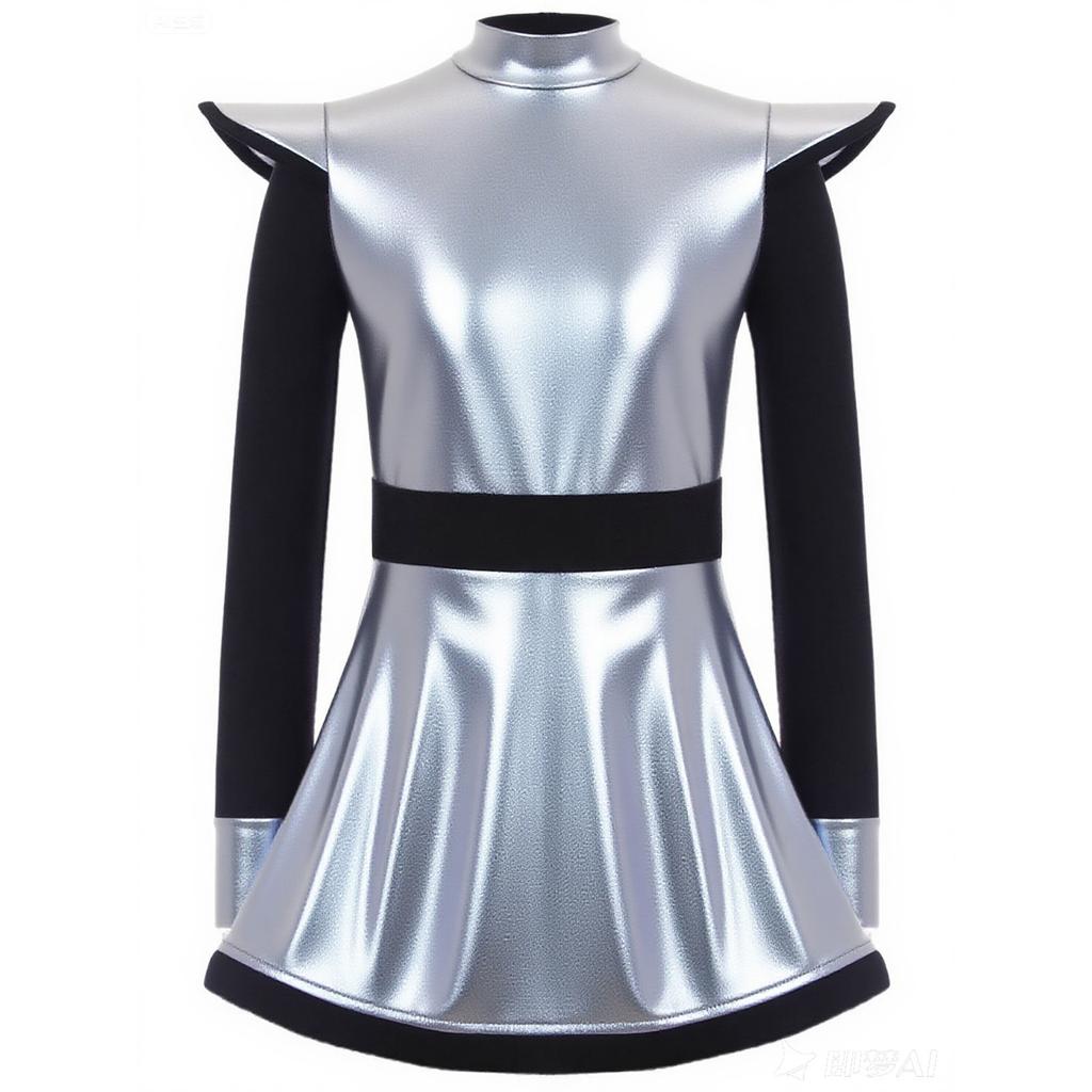 Kids Girls Alien Costume Patchwork Metallic Gloss Mock Neck Long Sleeve Back Zipper Built In Shorts Dress