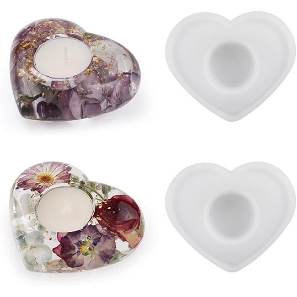 2 Pcs Heart Shaped Candle Holders Epoxy Mold DIY Candlestick Resin Casting Silicone Tealight Mold for Trinket Container Art Craft Making Home Decor,