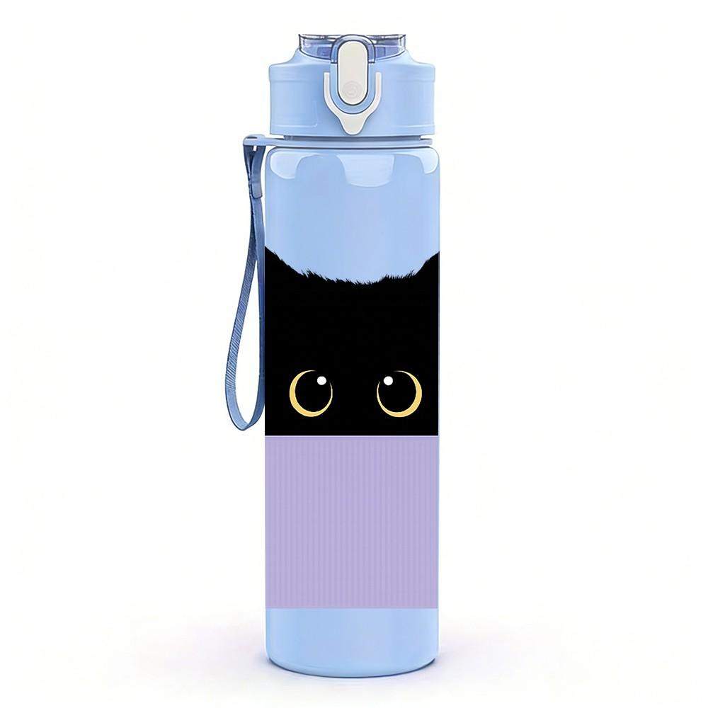 1PC Black Cat Peeking Over Edge Print 750ml Color Plastic Sports Water Bottle Leakproof Flip Straw Lid Suitable for Sports Office Home Use