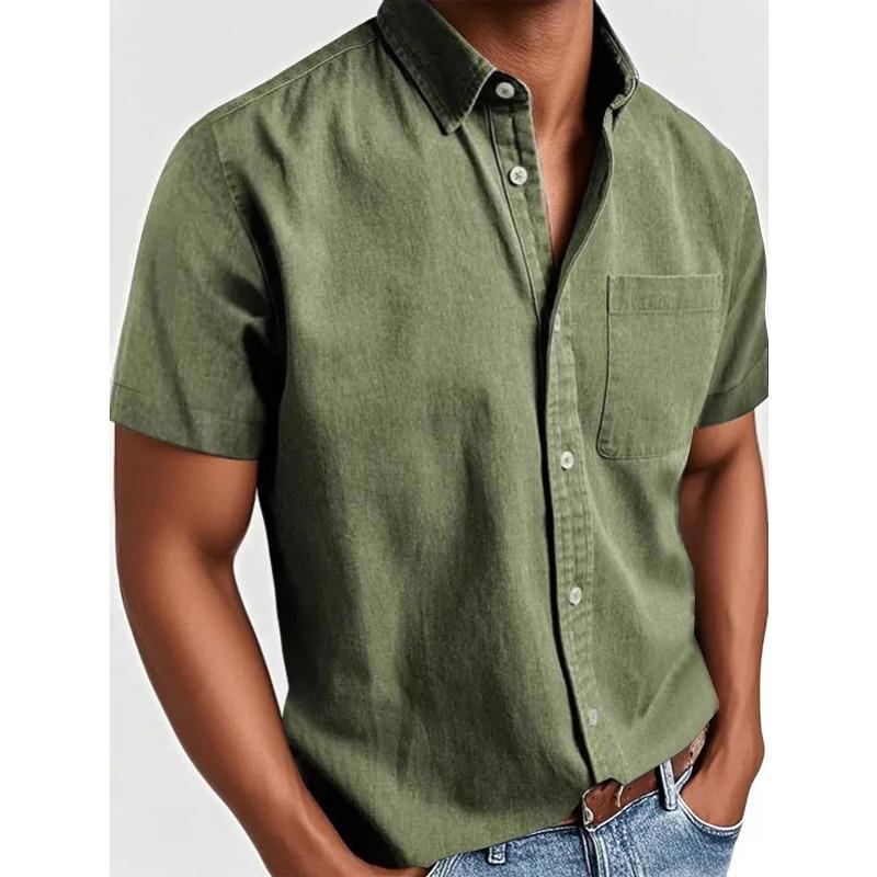 Summer Lapel Solid Color New Pocket Single Breasted Shirt Men's Short Sleeve Shirt Tops