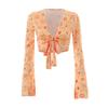 3 Pcs/Set Women Stage Performance Suit V Neck Lace-up Long Sleeves Cropped Top High Waist Flared Hem Trousers Printed Headband Retro Disco Party