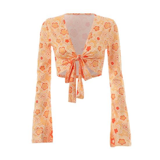 3 Pcs/Set Women Stage Performance Suit V Neck Lace-up Long Sleeves Cropped Top High Waist Flared Hem Trousers Printed Headband Retro Disco Party