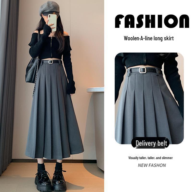Women's High Waist Wool Pleated Skirt with Belt – Plus Size, Retro, Mid-Length for Autumn and Winter