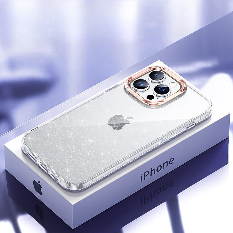 

Подходит для IPhone16pro, Блестящий чехол для телефона, Золотистый прозрачный Apple 15 Металлический объектив, Противоударный 14 Защитный чехол iPhone11promax