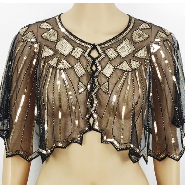 Delicate Sequins Adorned Capelet Shoulder Wrap Breathable Mesh Fabric Scarf Shawl With Intricated Beadwork Design