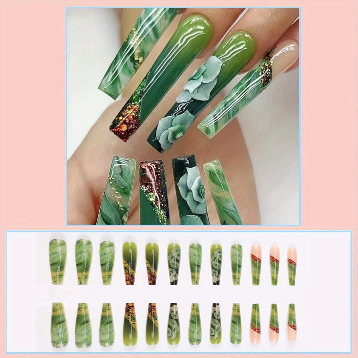 

24 шт. Накладные ногти Coffin Press On, длинные, с цветочным узором, весенние накладные ногти с дизайном, зеленые акриловые ногти, глянцевые, накладные ногти Imported ABS