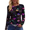 Women's Long Sleeve Round Neck Top with Halloween Print and Side Split Hem