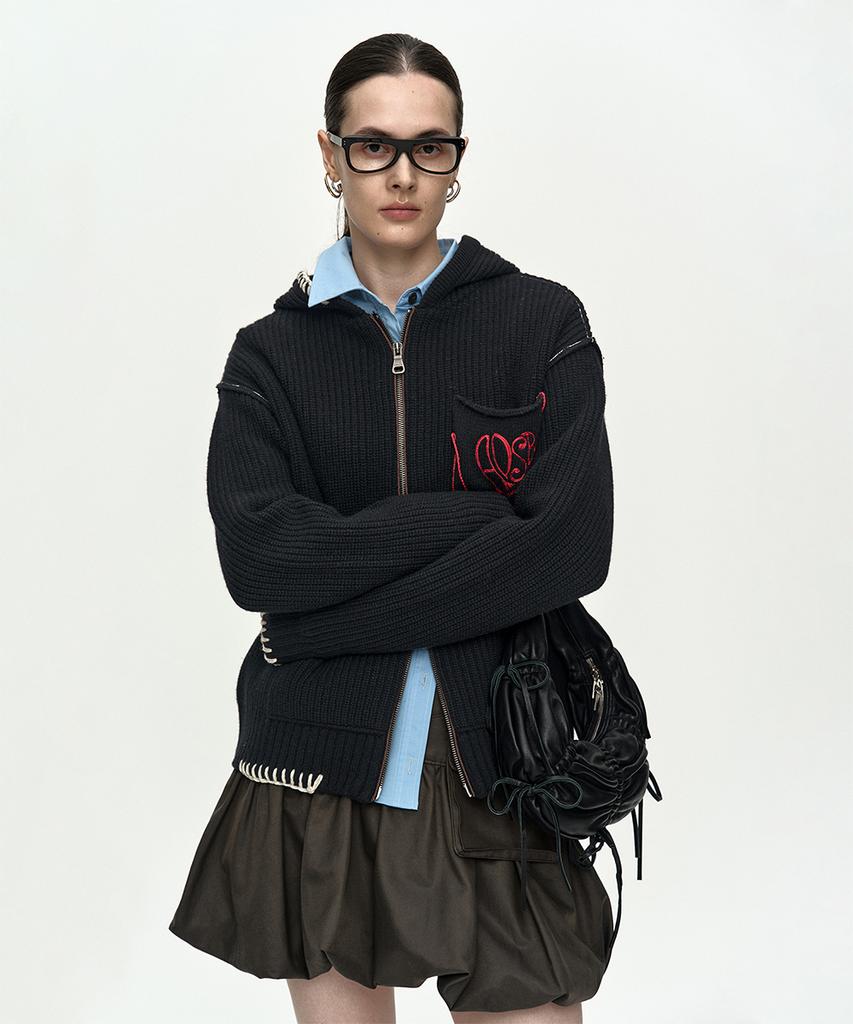 ADSB ANDERSSON BELL Unisex Heart Logo Hood Zip-Up Sweater Atb1420U(Black)