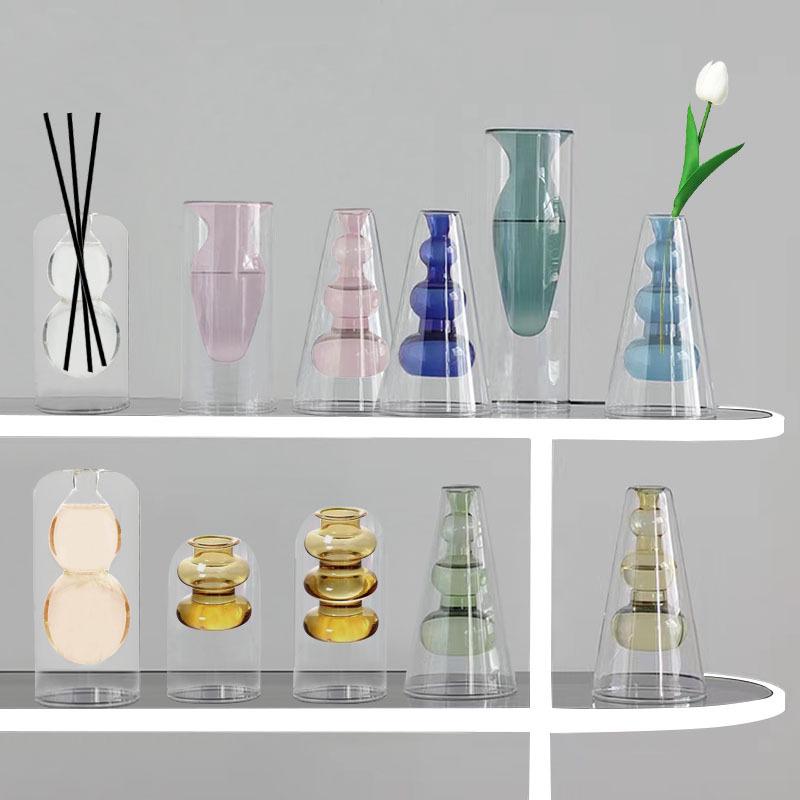 European Glass Rattan Aroma Vase - Double Layer, Colored Glass, Flameless Hydroponic for Living Room