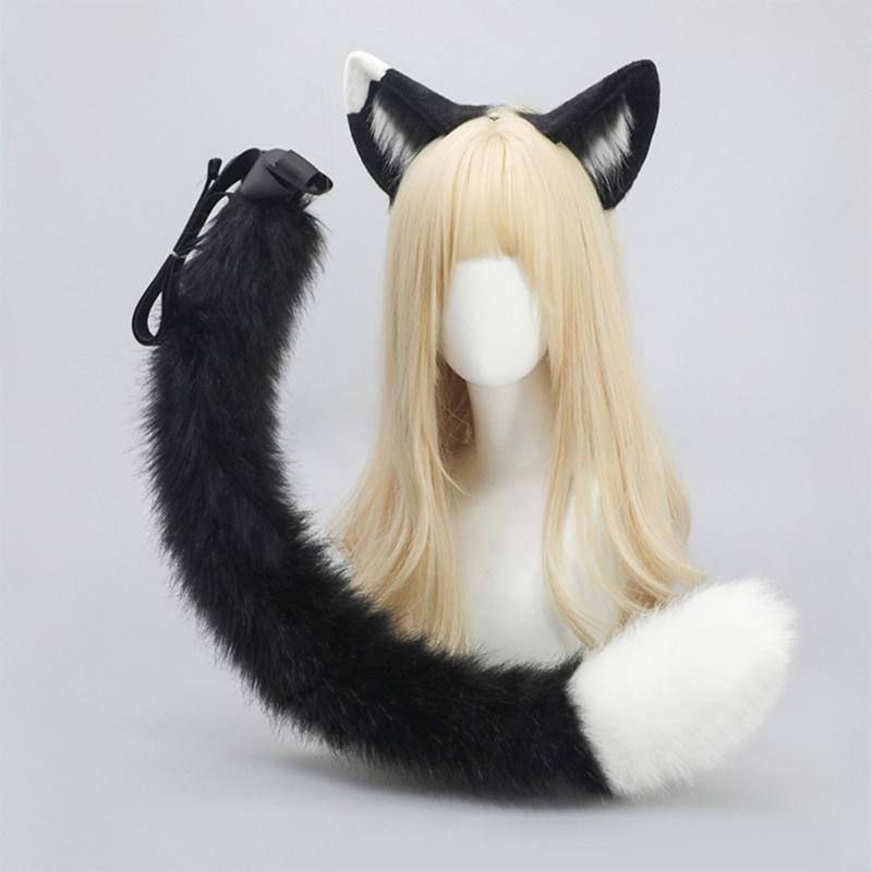 Animal Cosplay Costume Fauxs Furs Wolf Cats Foxes Tail and Cats Ears Headbands Halloween Party Costume Accessories