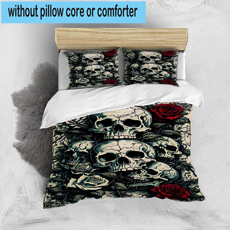 Skulls And Roses Artwork 3pcs Bedding,Including 1pc Duvet Cover And 2pcs Pillowcases Perfect for Christmas,Ideal for Bedroom, Dormitory