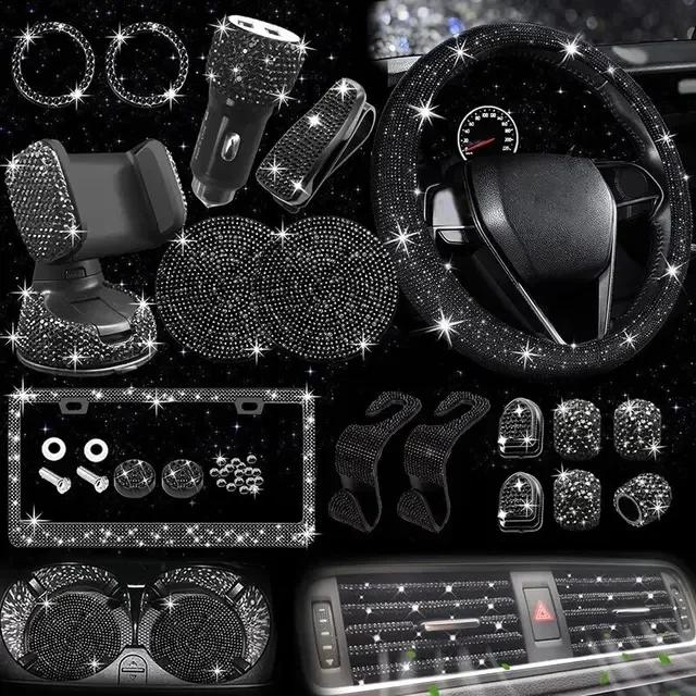 Car Accessories Set 27/4Piece Women Bling Universal Fit Polyester Steering Cover Shiny License Frame Phone Holder Coasters Tools