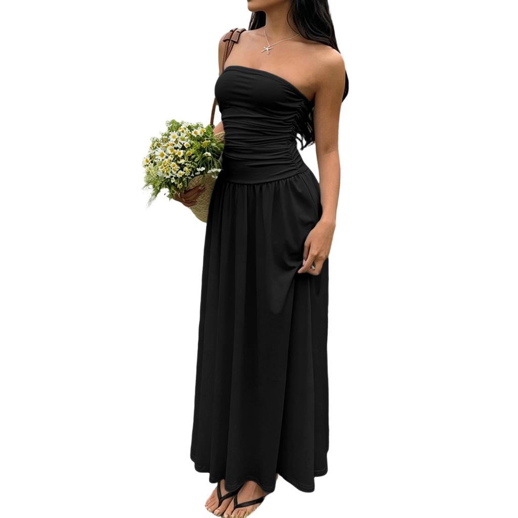 Women’s Strapless Sleeveless Ruched Bodice Casual Maxi Dress Solid Tube Top Bodycon Long Dress for Summer Holiday