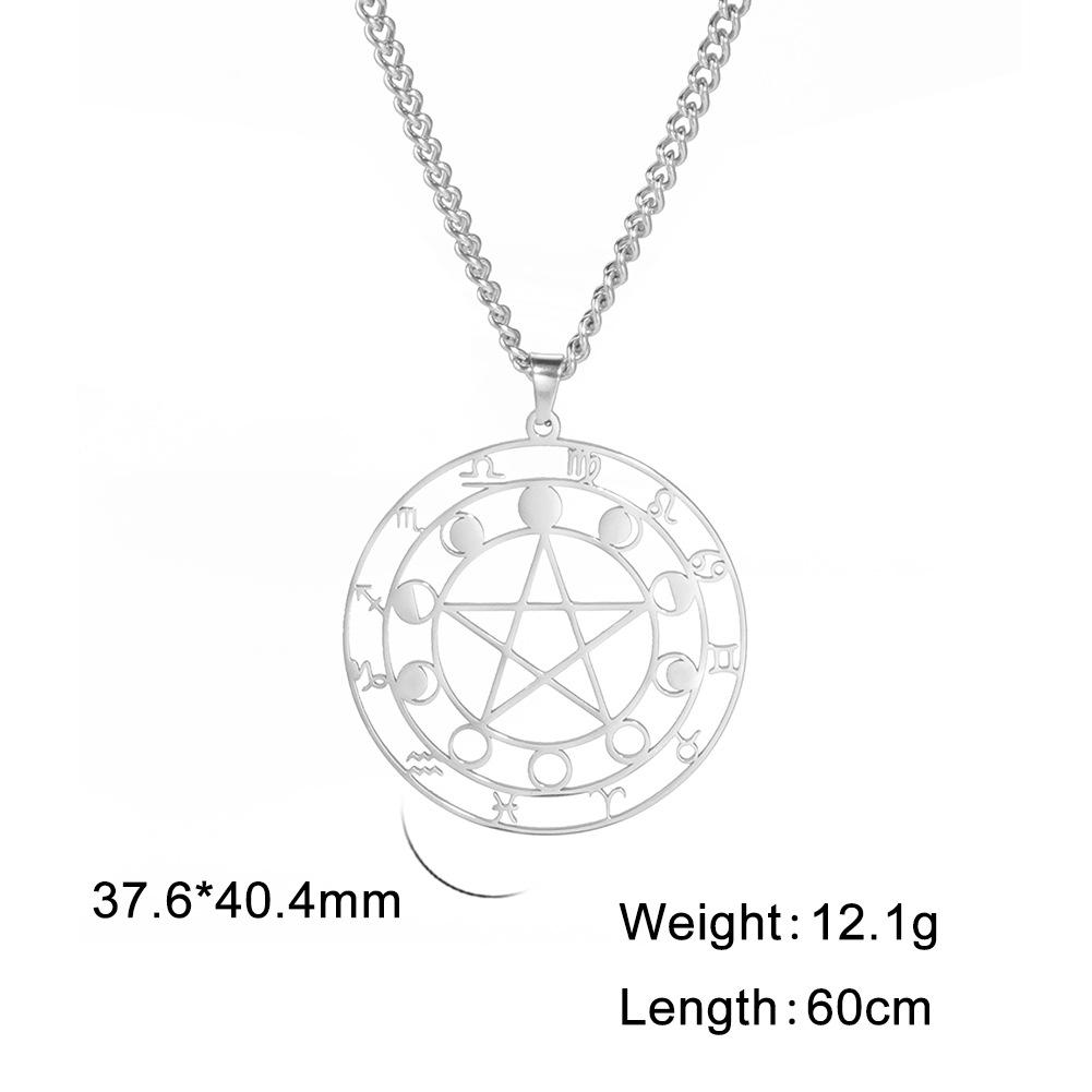 Minimalist Hollow-Out Round Zodiac Pendant Necklace with Star and Moon Design