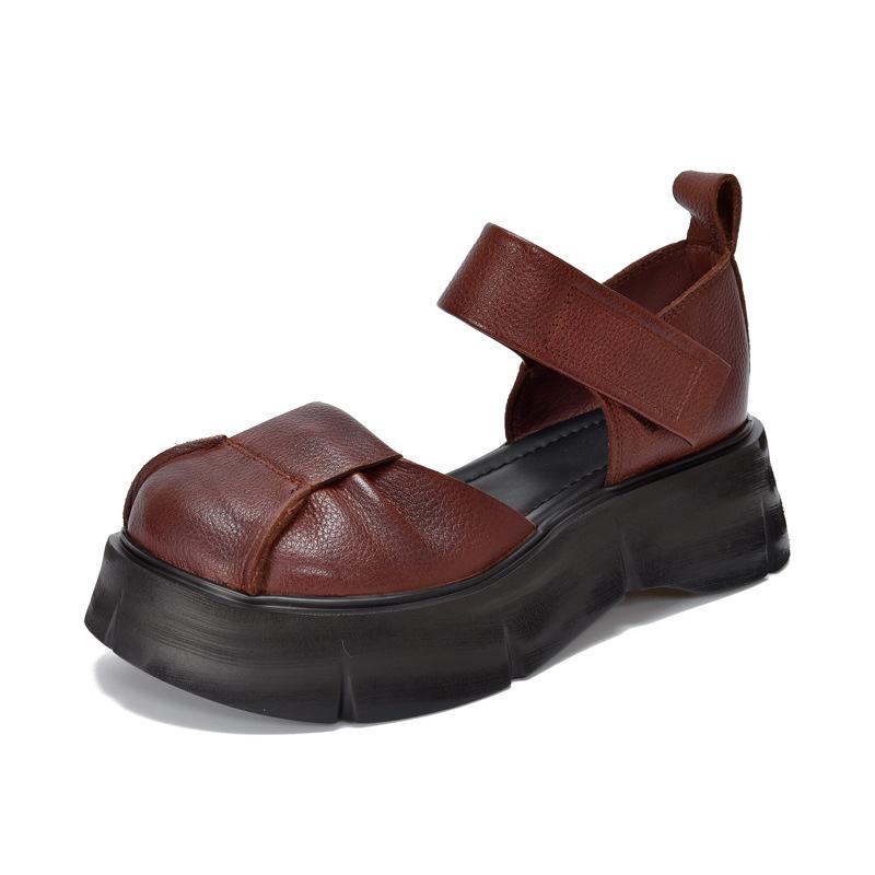 Johnature Retro Lightweight Thick Soled Sandals Genuine Leather Roman Women's Platform Shoes