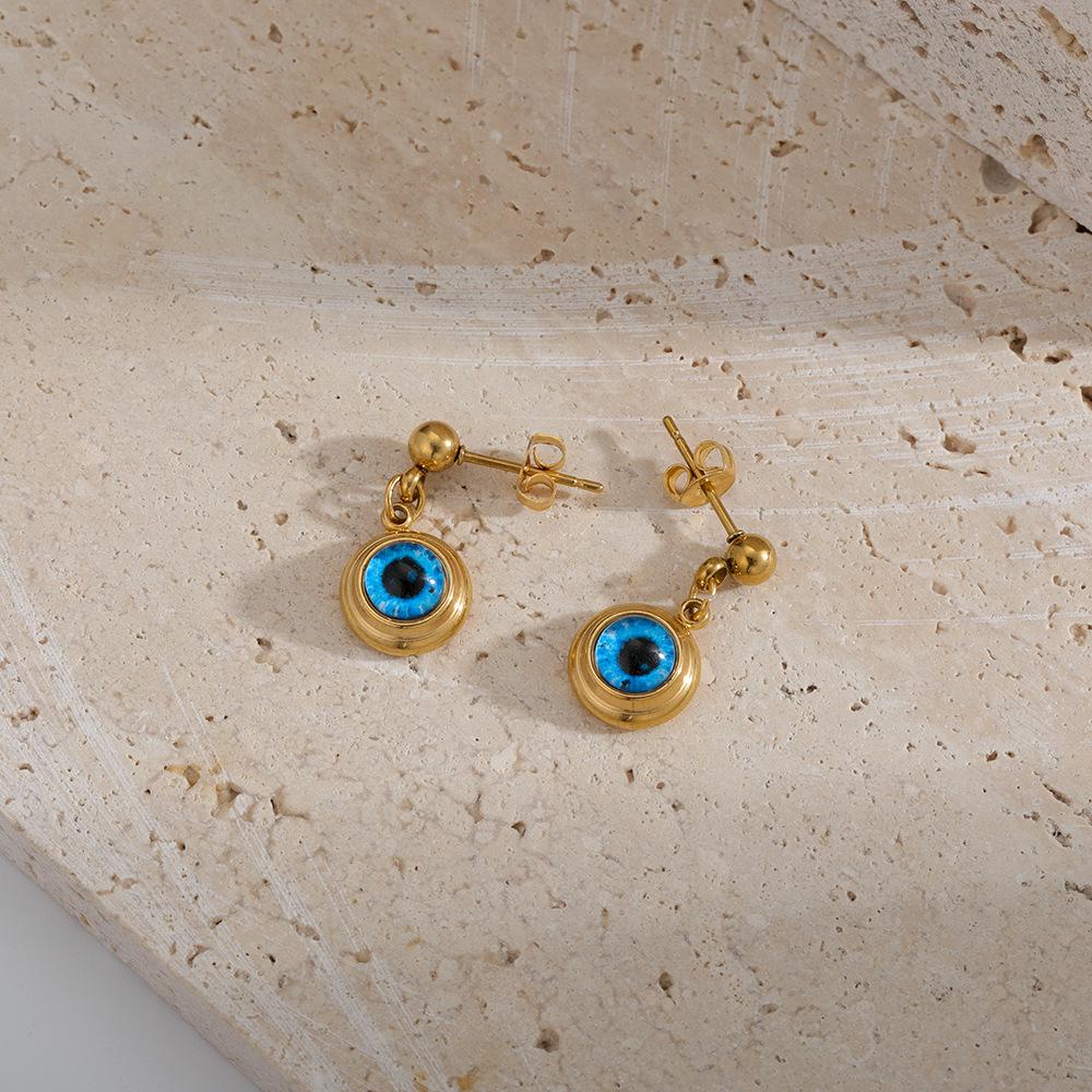 Titanium Steel Blue Evil Eye Pendant Necklace with 18K Gold and Retro Style Earrings