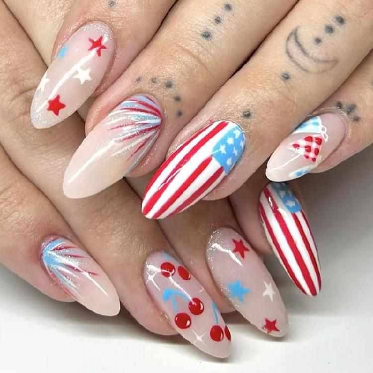 24 Pcs Medium Almond Press On Nail 4th of July False Nail Independence Day Acrylic Nail Flag Day Stick On Nail