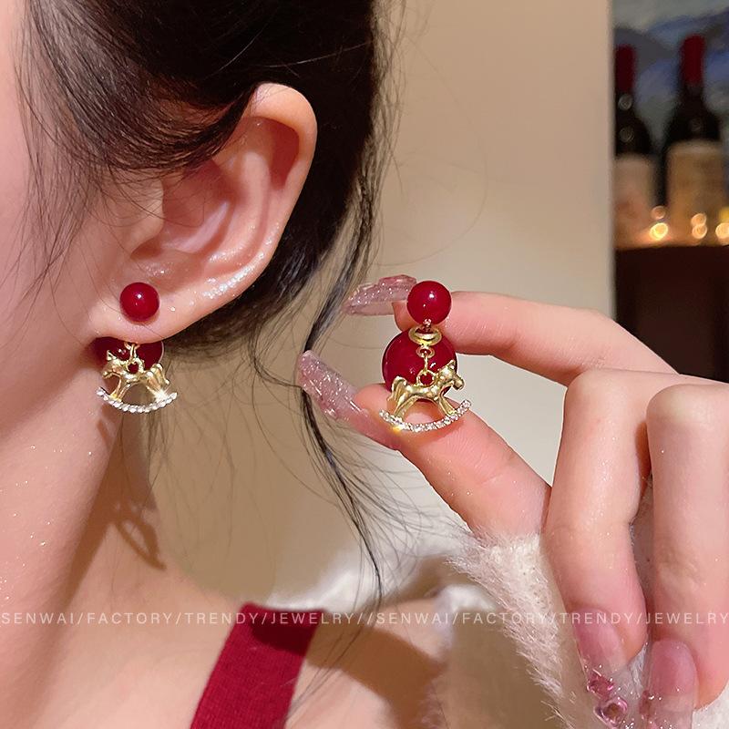 

Front and rear red pearl pony natal year earrings women s New Year earrings high-end light luxury temperament earrings accessories