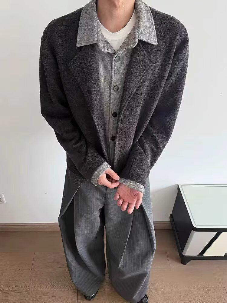 

Men s Grey Faux Two-Piece Hoodie: Autumn Textured Patchwork Cardigan Sweater with Lapel Collar, Old Money Style Jacket. Large сірий