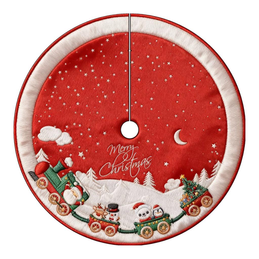 Christmas Tree Skirt with 2D Embroidery- Digital Print for Holiday Festive Decoration
