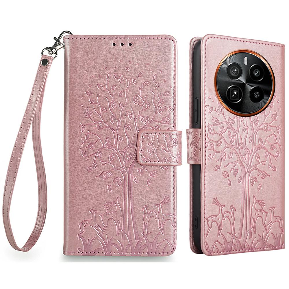 

For Realme GT5 Pro 5G Case Deer Tree Imprinted PU Leather Flip Wallet Phone Cover Rose Gold