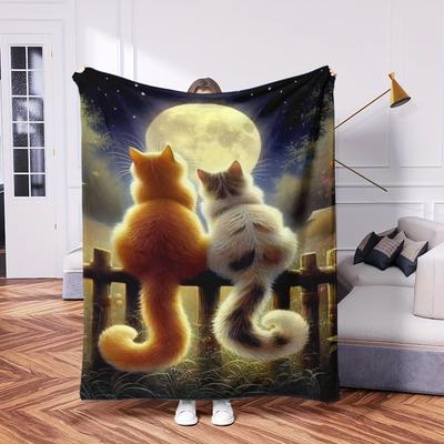 Soft Flannel Cat Throw Blanket, Moonlight Couple Design, Warm Lightweight All-Season Blanket for Bed Sofa Office Nap, Ideal Gift