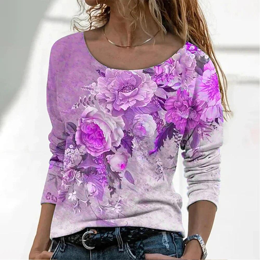 

Модная женская футболка с градиентным цветочным принтом, топ большого размера, футболки с длинными рукавами в стиле Харадзюку, уличный великолепный женский пуловер с v-образным вырезом 2XL