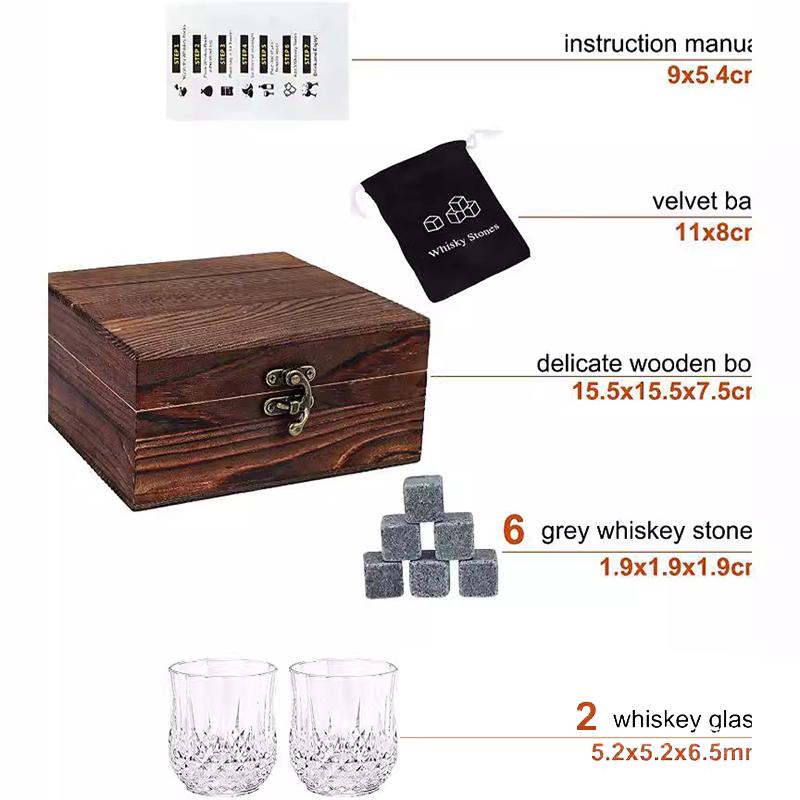 Whiskey Stones And Whiskey Glass Gift Set Of 4, For Men | Father's Day, 6 Granite Whiskey Stones, 2 Whiskey Glasses,1 Wooden Box