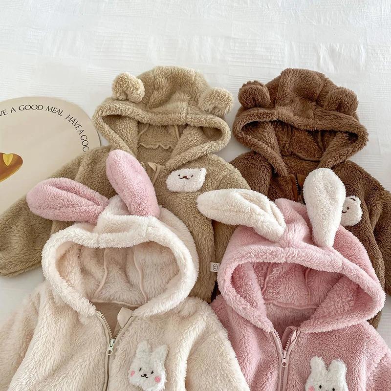 Plüsch Baby Mädchen Jungen Jacke Frühling Herbst Warm halten Reißverschluss Kapuze Oberbekleidung Niedlicher Hase Bär Säuglingsmantel Kinderkleidung