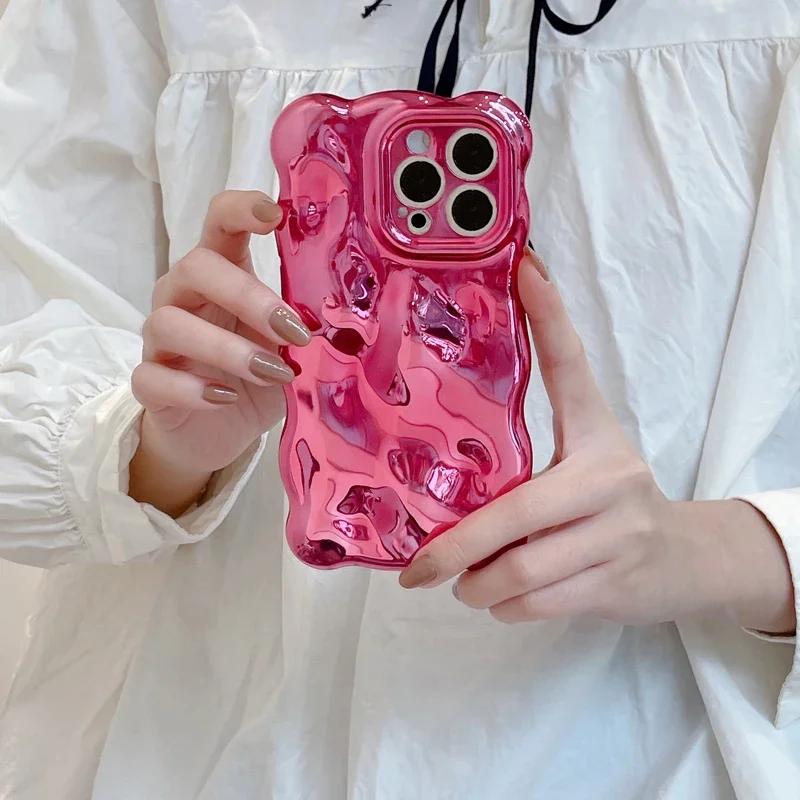 Luxury Plating Wrinkle Wavy Curly Edge Phone Case For 17 16 15 12 13 14 Pro Max 3D Unevenness Camera Protection Cover