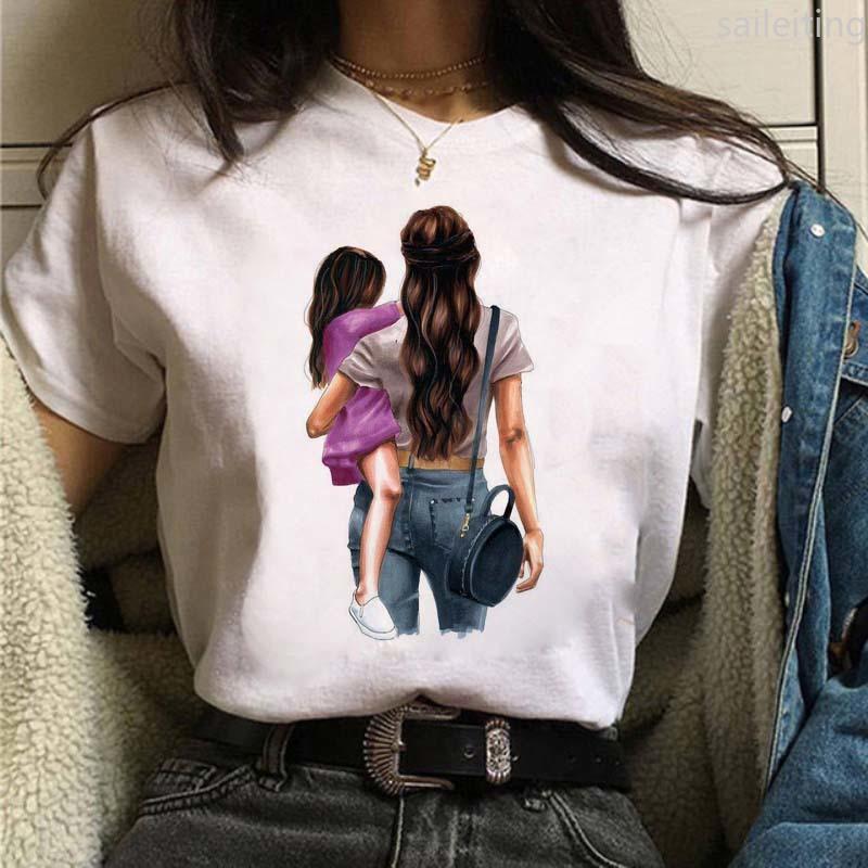 Women T-shirts Cute Mom and Daughter Black Summer Short Sleeve Female Tops Summer Sleeved Harajuku Streetwear Tops Tees