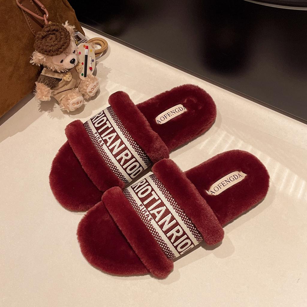 Fluffy cute plush slippers trendy girl autumn new warm fashion home letter flat bottom one word slippers