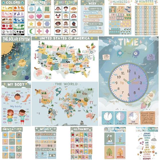 16 Educational Posters for Preschoolers, Laminated PreK Learning Poster Charts for Toddlers 1-3, Learning Wall Charts for Kids’ Bedroom, Playroom,