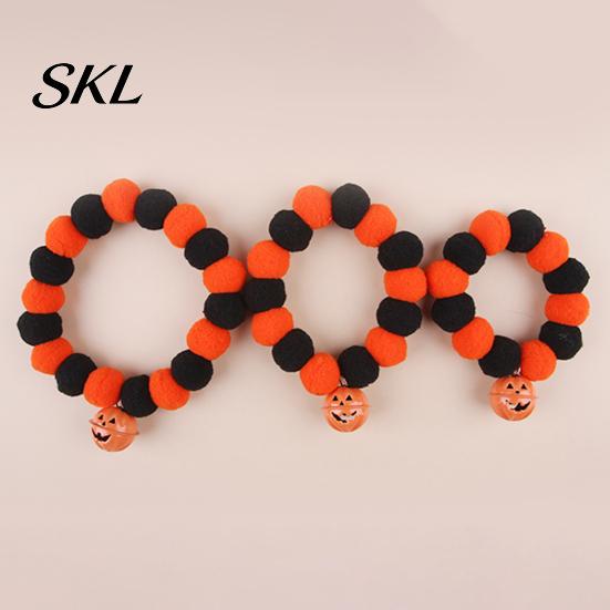 Stretchy Pet Collar Halloween Pom-Pom Collar, Cute Stretch Cat with Pumpkin Festive Bell, Soft Black Orange Pom-Poms for Cats Small Dogs Plush Pom-pom