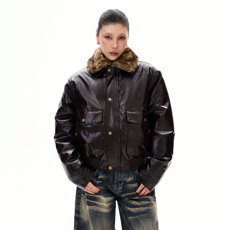 

Kisko American-Style Trendy Brand Fur Collar Patchwork Thickened Pu Leather Cotton Jacket for Men and Women, Winter High-End Motorcycle Short Jacket Brown XL