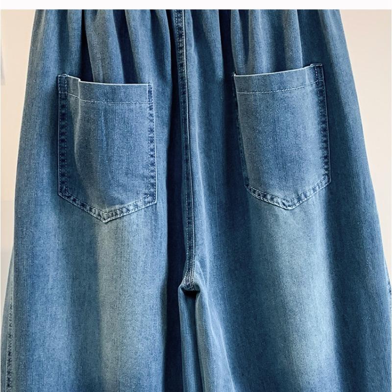 DIMANAF 2026 Summer New Plus Size Women Jeans Wide Leg Long Pants Denim Pants Cotton Casual Trousers Blue Waist Elastic