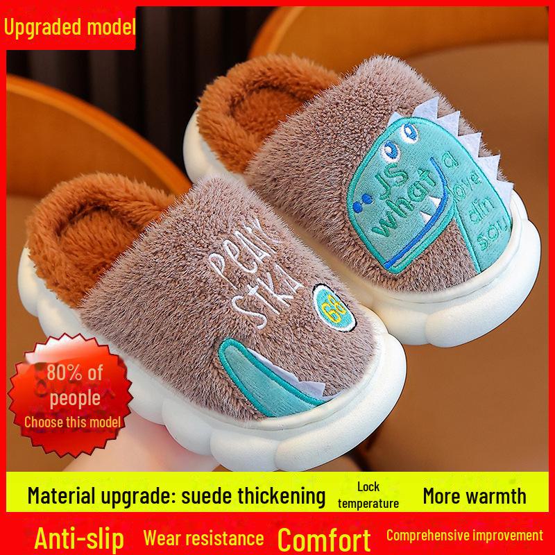 Kids' Dinosaur Plush Slippers: Non-Slip, Warm Cotton for Boys, Autumn/Winter