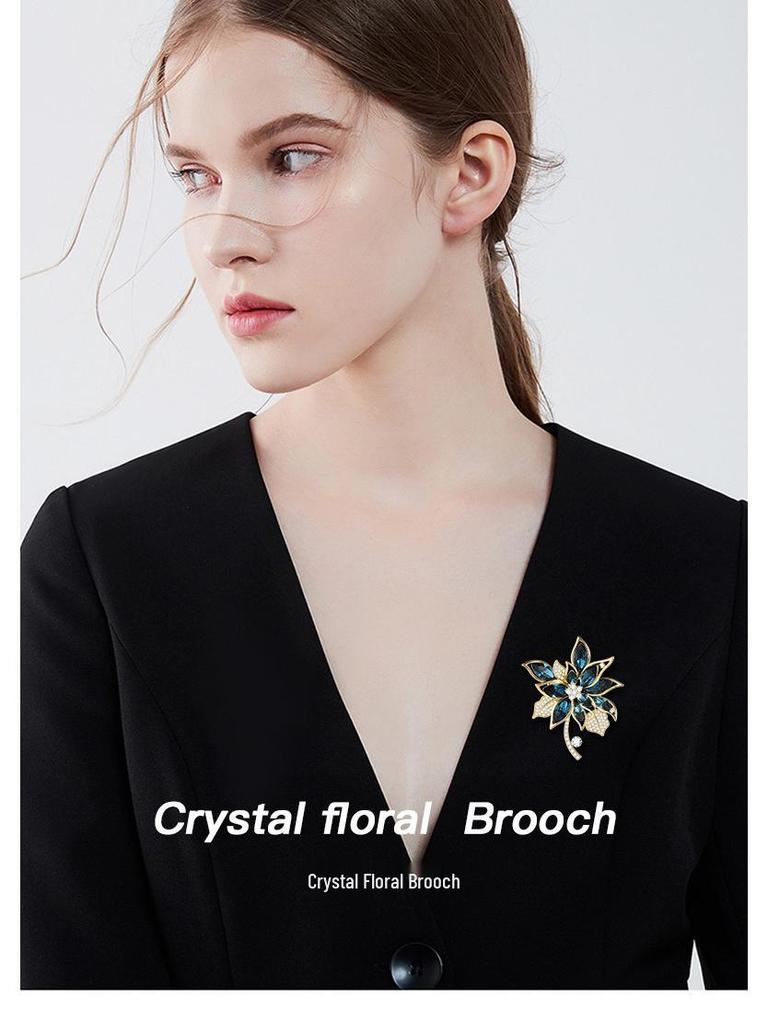 Korean Crystal Brooch: Blue Zircon, Gold-Plated Pin, Women's Corsage Accessory