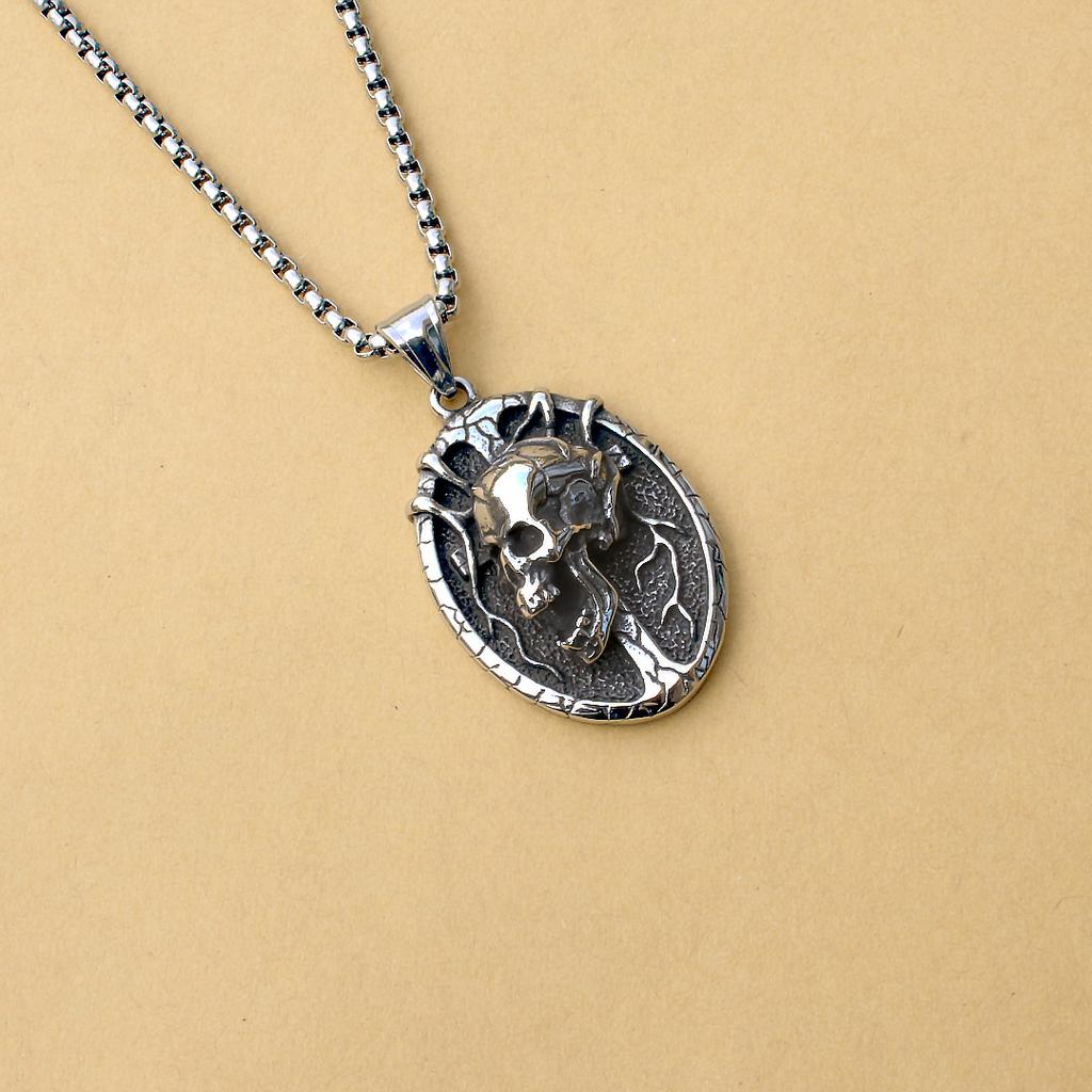 Skull Ellipse Pendant Necklace For Women Men Hip Hop Rock Style Copper Color Stainless Steel Box Chain Punk Skeleton Jewelry